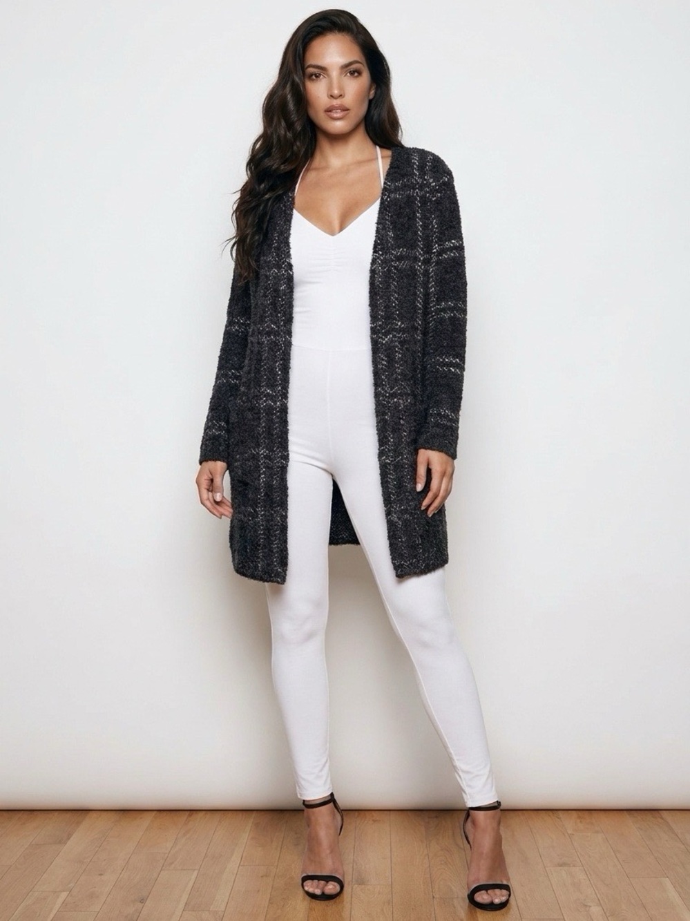 August Silk Black and White Furry Knit Cardigan Sweater
